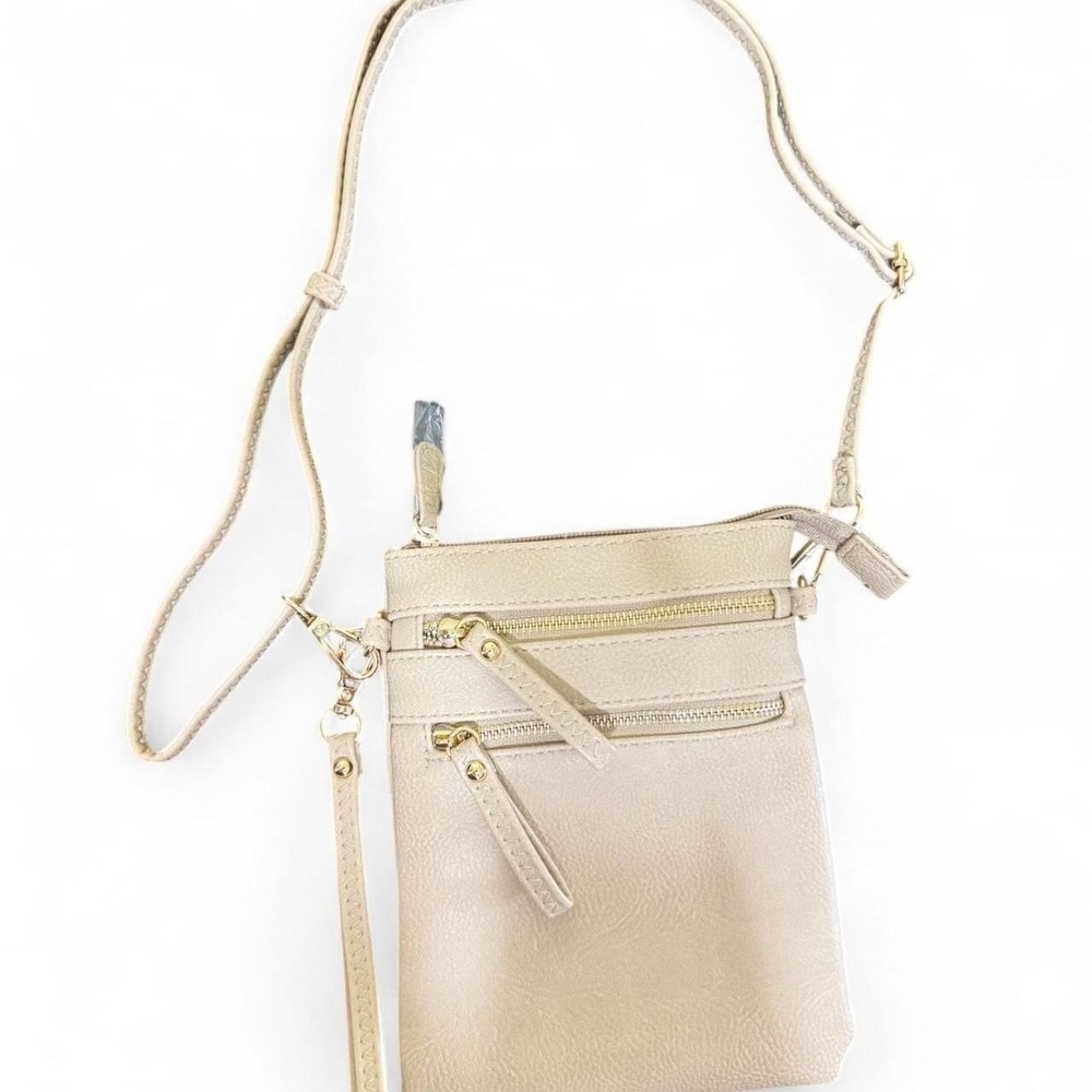 Cream Faux Leather Crossbody Bag - Multi-Zipper‎ Travel Organizer
